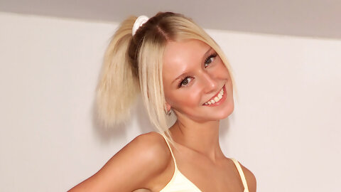 Skinny blonde teen Faith gaping her tight shaved pussy with a speculum