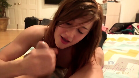 Young nice chick does a foot job and then rides her boyfriend's cock with passion