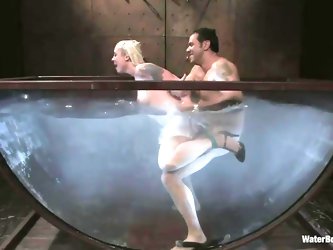 Pretty blonde Lorelei is being fucked and drowned by Steven. He fucks her pussy in that big water bowl and when the guy is not happy with her he just