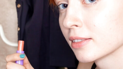 Russian redhead doll Ginta rubs her fantastic tits and fingers her hairy pussy